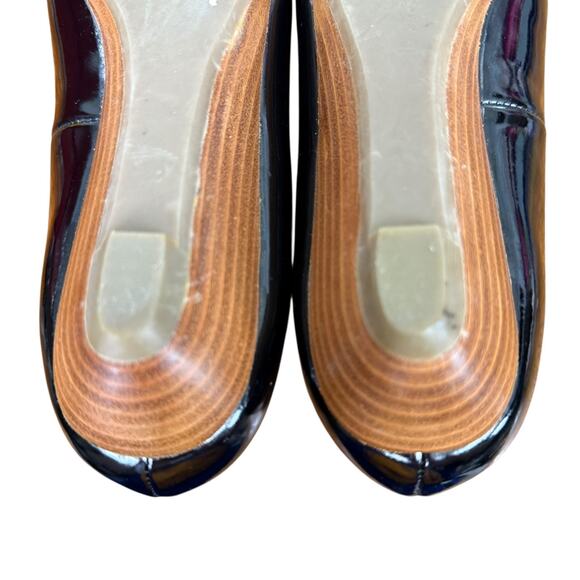 Steve Madden Open Toe Peep Patent Leather Black Stacked Wedge Shoes Pumps sz 8 - Picture 14 of 16